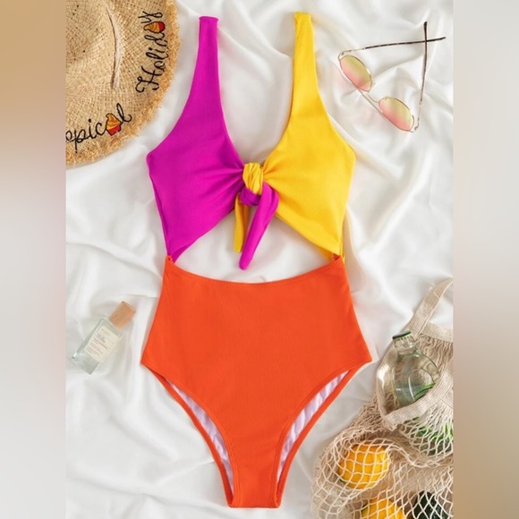 SHEIN Womens M Pink/Orange/Yellow Colorblock Cut-Out One Piece Swimsuit Preppy - Picture 1 of 16